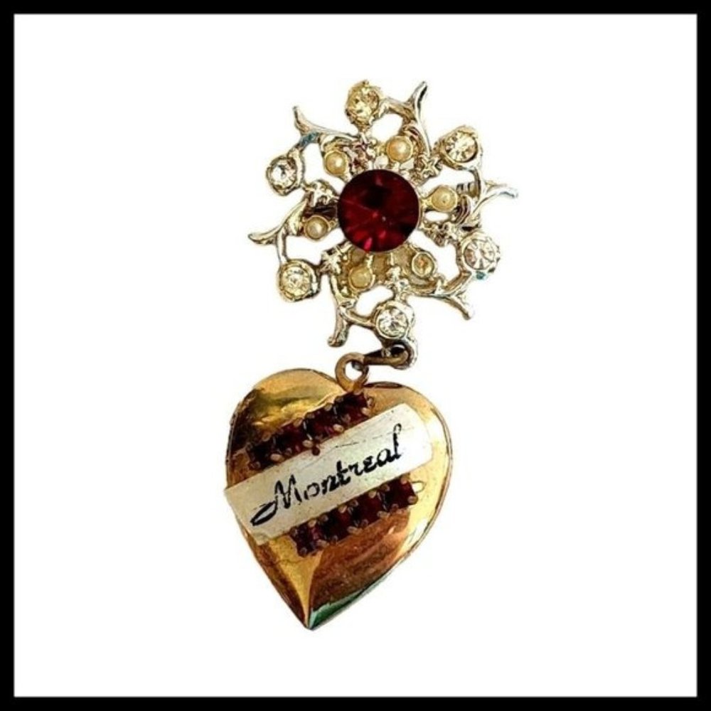 Vintage Montreal Canada Jewelry Brooch Heart Locket Pin Brooch Red Clear Dangle